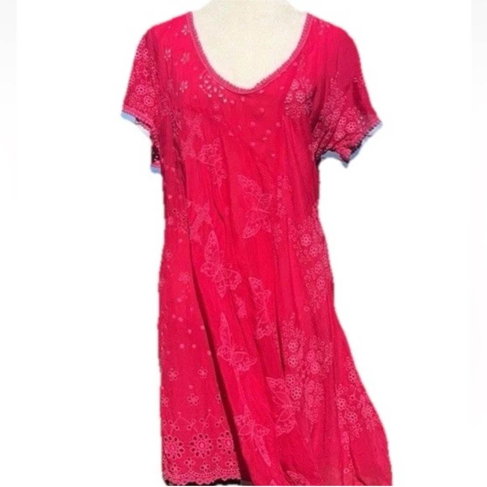 John Was Embroidered Butterfly Fuchsia PinkEyelet Short Sleeve Tunic Top Dress - Picture 2 of 10